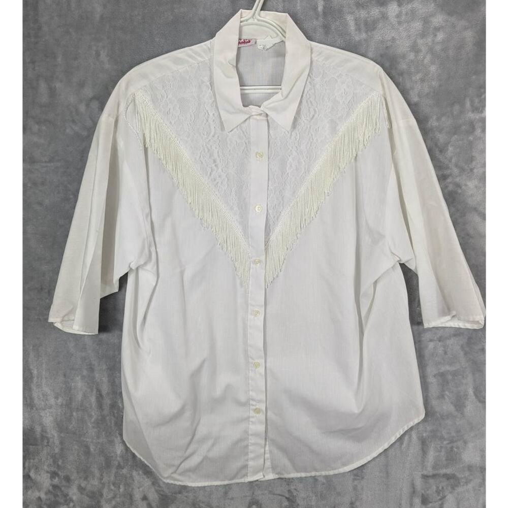 Vtg Jess Shirt Womens 20W White Western Lace Yoke Fringe Trim Half Sleeve Retro